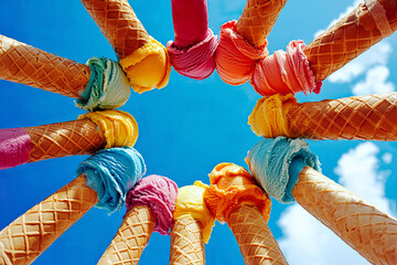 AI Generated - Group of waffle cones filled with colorful ice cream against a bright blue sky with white fluffy clouds. Commercial illustration artwork. Illustration. High-resolution. High-res.
