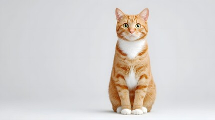 Close up studio portrait of an adorable orange tabby domestic cat with distinctive stripes and bright green eyes posing attentively on a clean light grey backdrop
