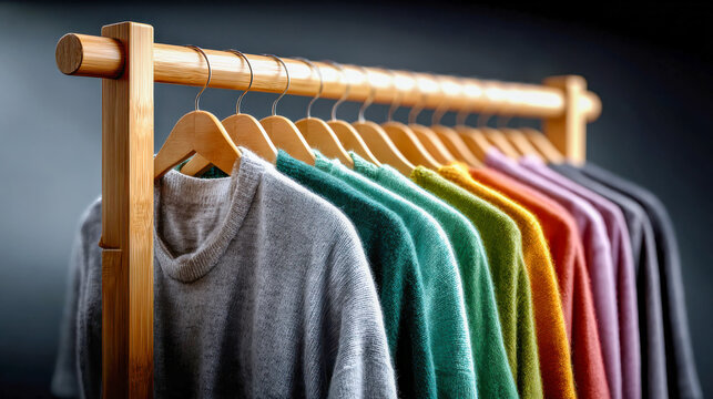Colorful shirts and sweaters neatly arranged on a wooden clothing rack