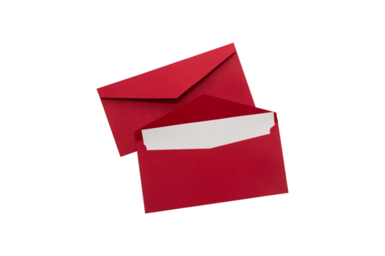 Two red envelopes with white card, one open, isolated on white background, top view, festive and elegant