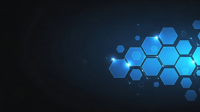 Futuristic abstract technology background with glowing blue connected hexagons for data science and digital networks.