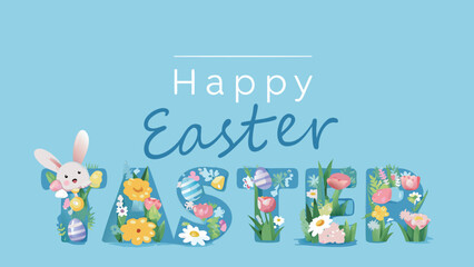 Naklejka premium Happy easter greeting with cute bunny and floral letters filled with spring flowers and painted eggs on a soft blue background