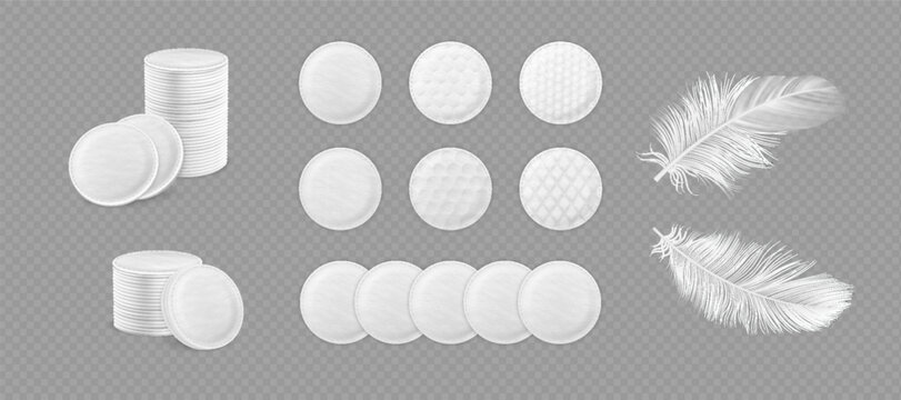 Cosmetic cotton pad disks with feathers, white soft round sponge discs different embossed surface textures vector set