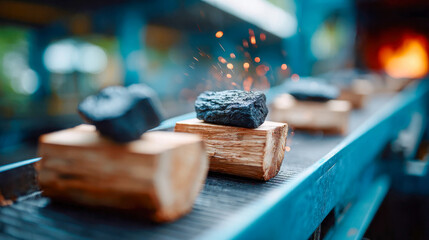 Close-up of burning wood pieces glowing on a conveyor with rising embers and industrial background