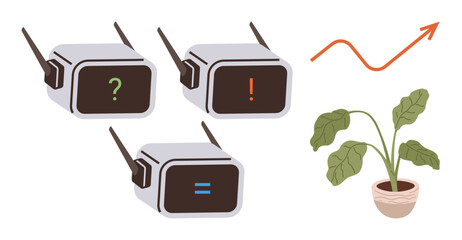 Three wireless sensors with alert icons analyze data, monitor plant growth in potted greenery. Ideal for technology, sustainability, gardening, IoT, automation, agriculture development. Simple flat