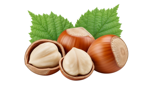 A group of whole and shelled hazelnuts with green leaves isolated on transparent background