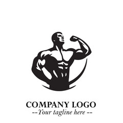 Man With Muscle Logo Symbol in Black on White Background for Strong Bold Fitness Branding Design Art