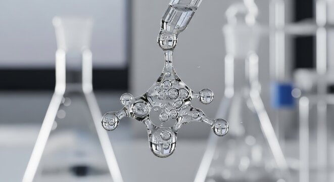 Clear liquid droplets falling from pipette, forming molecules, in a laboratory setting. A scientist is dropping water from a dropper in a lab. - Powered by Adobe