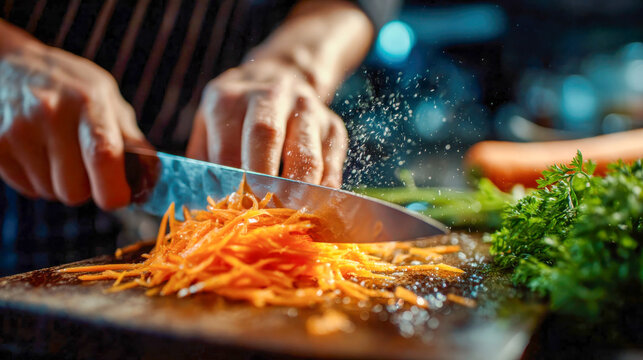 Chef slicing fresh carrots on a cutting board in a busy kitchen, water droplets flying - Powered by Adobe