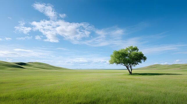 Expansive green rolling hills stretch towards the horizon under a clear blue sky featuring a single lush green tree casting a shadow on the sunlit meadow