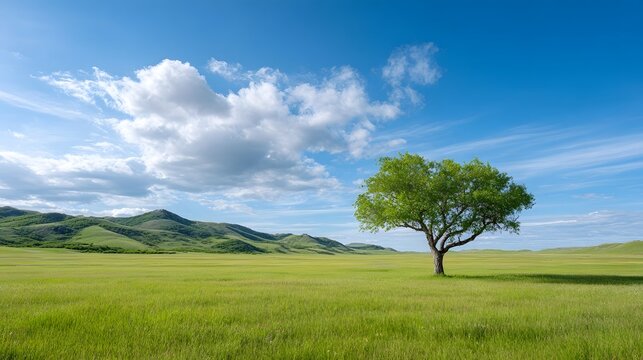 A solitary lush green tree thrives in an expansive sun drenched grassy field  Gentle verdant hills rise in the background beneath a vivid blue sky adorned with fluffy white clouds