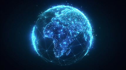 A mesmerizing digital representation of the world, illuminated with interconnected lights, symbolizing global networks. The spherical form is rendered in shades of blue, the world is glowing
