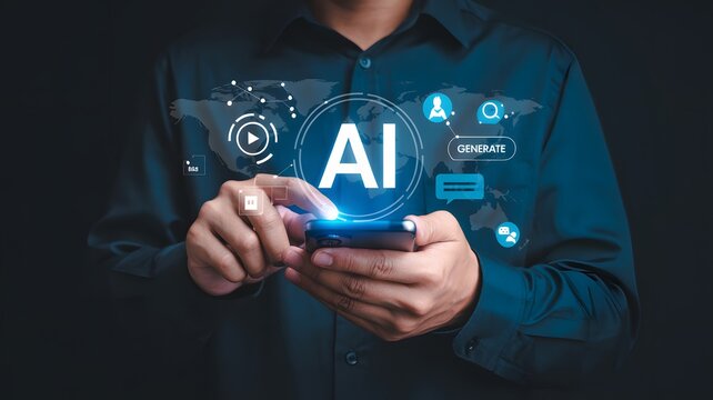 Artificial intelligence concept – global digital network overlay above smartphone screen, modern technology and virtual communication design - Powered by Adobe