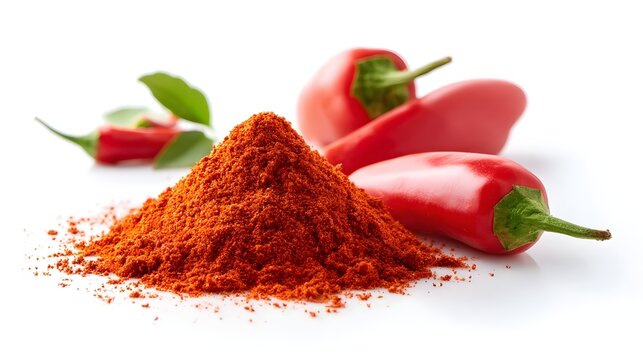 Close up of a colorful heap of fine red chili powder with whole red chili peppers and fresh green leaves highlighting natural ingredients for cooking and seasoning