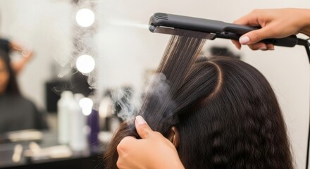 Black woman with long hair in a salon chair having her hair straightened. Stylist uses flat iron, steam.