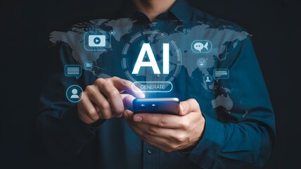 Artificial intelligence concept – global digital network overlay above smartphone screen, modern technology and virtual communication design