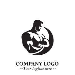 Man With Muscle Logo Symbol in Black on White Background for Strong Bold Fitness Branding Design Art