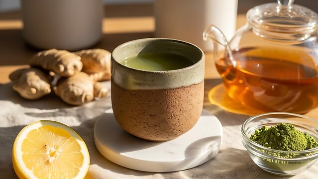 Healthy ginger lemon tea with matcha powder and fresh ingredients