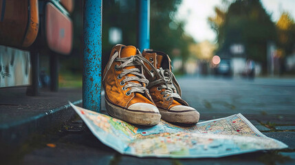 AI Generated - Pair of shoes sitting on top of a map on the ground, with a pole in the foreground and a blurred background of trees and sky. Commercial illustration artwork. Illustration. -