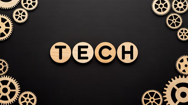 The word tech spelled out with wooden letter tiles framed by a border of intricate wooden gears on a dark black background symbolizing innovation and engineering
