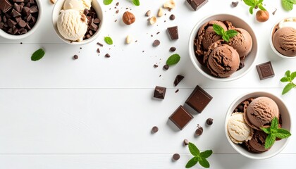 Delicious chocolate and vanilla ice cream scoops are beautifully arranged with chocolate chunks, nuts, and fresh mint leaves on a clean white wooden table.