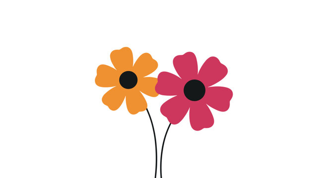 Simple and charming illustration of two flowers, one orange and one pink, with black centers and stems on white background.