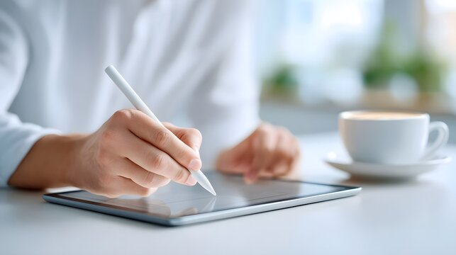 A person s hand holding a stylus interacting with a tablet screen alongside a white cup of coffee signifying modern work or creative activity