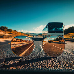 AI Generated - Pair of sunglasses sitting on the side of a road, with a bus in the background, surrounded by trees and a clear blue sky. Professional stock photography. Stock photo. High-resolution.