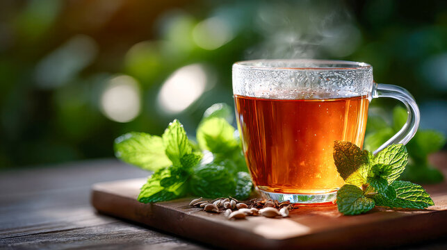 Steaming glass cup of herbal mint tea surrounded by fresh mint leaves on a wooden table - Powered by Adobe