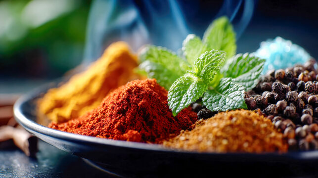 A vibrant assortment of colorful ground spices and peppercorns arranged with fresh mint leaves