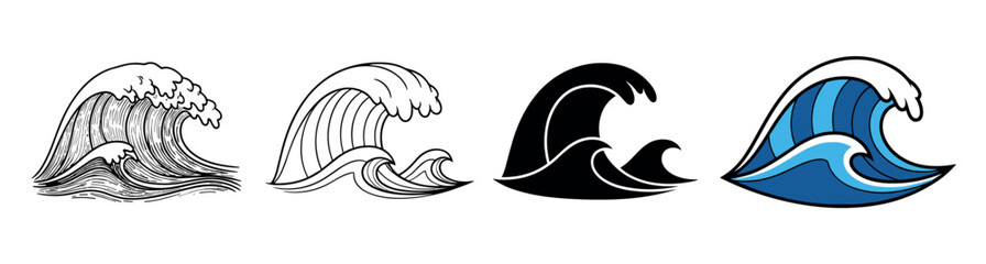 Obraz premium Set of four ocean wave icons in different graphic styles including engraving, line art, silhouette, and color cartoon