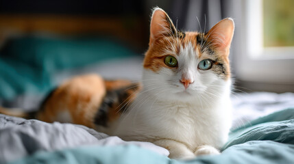 Elegant Calico's Serenity: An eye-level, captivating portrait of a stunning calico cat, its mesmerizing heterochromatic eyes radiating calm as it lounges comfortably on a soft bed.