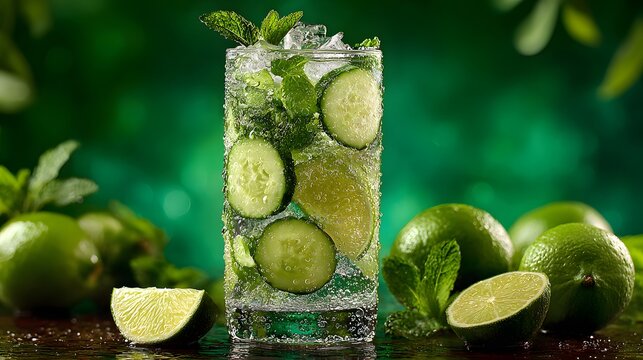 refreshing mojito cocktail features cucumber slices, mint leaves, and ice with condensation on the glass against a bright green background.
