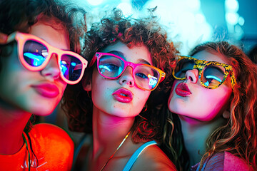 AI Generated - Three young women wearing colorful sunglasses and posing for a photo in front of a blurred background. Commercial illustration artwork. Illustration. High-resolution. High-res.