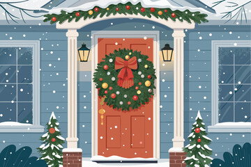 Elegant Christmas Wreath Door Snowy House Exte High-Quality Stock Image