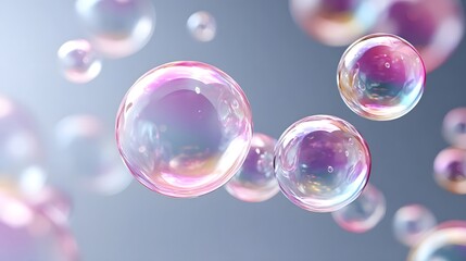 A captivating arrangement of luminous iridescent soap bubbles suspended mid air their translucent surfaces displaying a spectrum of rainbow colors and intricate reflections