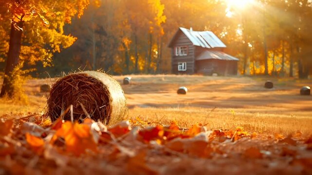 A vivid autumnal scene featuring a rustic wooden house with a corrugated metal roof, set against a backdrop of a sunlit forest. The foreground is dominated by a field of fallen autumn leaves.