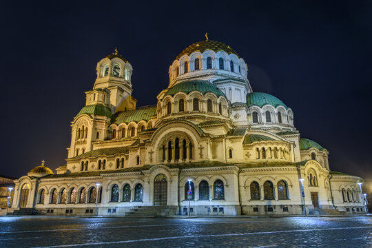 Night view of illuminated Alexander Nevsky Cathedral, Sofia, Bulgaria