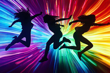 AI Generated - Three women jumping in the air with colorful lights in the background, creating a vibrant and dynamic atmosphere. Commercial illustration artwork. Illustration. High-resolution.