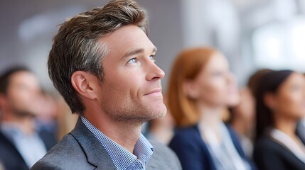 A middle aged man with grey hair and blue eyes gazes upward with a thoughtful and engaged expression in a professional corporate setting possibly attending a lecture or seminar