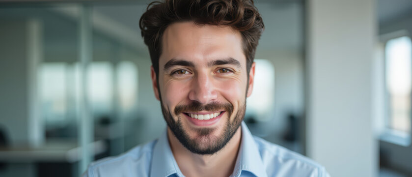 Smiling man in office setting, wearing light blue shirt, with curly hair and beard, exuding confidence and approachability