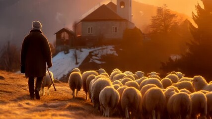 A vivid portrayal of a shepherd and his flock of sheep in a pastoral setting during sunset. The shepherd, dressed in a long coat and hat, walks with a shepherds stick amidst the flock.