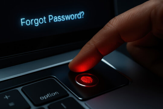 A finger scans a glowing red fingerprint sensor on a laptop. The screen displays 'Forgot Password?', highlighting biometric authentication for secure login.