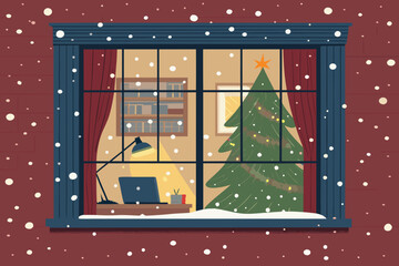 Elegant Cozy Office Window With Snow Falling Outsi High-Quality Stock Image
