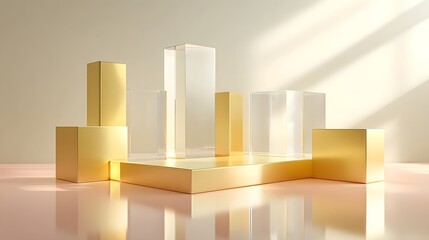 Elegant arrangement of metallic gold cubes and clear acrylic prisms on a glossy reflective base bathed in soft light creating subtle shadows ideal for modern product display