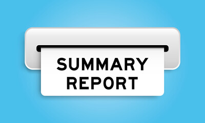 White coupon banner with word summary report from machine on blue color background