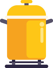 Cartoon vector illustration of a yellow cooking pot standing on a stove top being heated