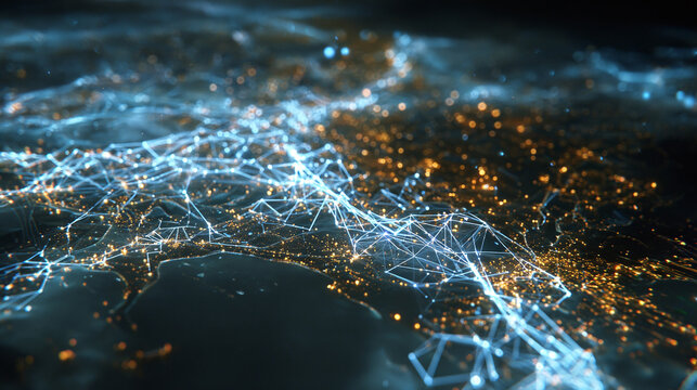 A captivating image of a network of interconnected points of light over a map of a landscape. The connections suggest data flow and communication.