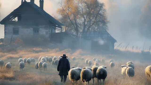 A man in a hat and coat walks beside a flock of sheep in a field. The scene is set against a backdrop of a misty landscape with a house and trees.