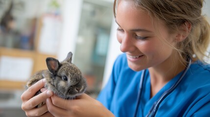 Veterinary technician caring for a rabbit in an animal clinic during the day